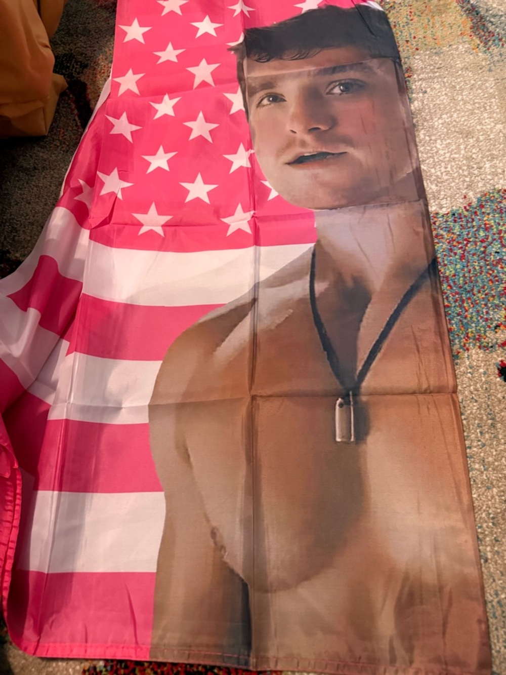NWT- LARGE Pink and White Stars & Stripes Flag with Male Shirtless 3’x5’